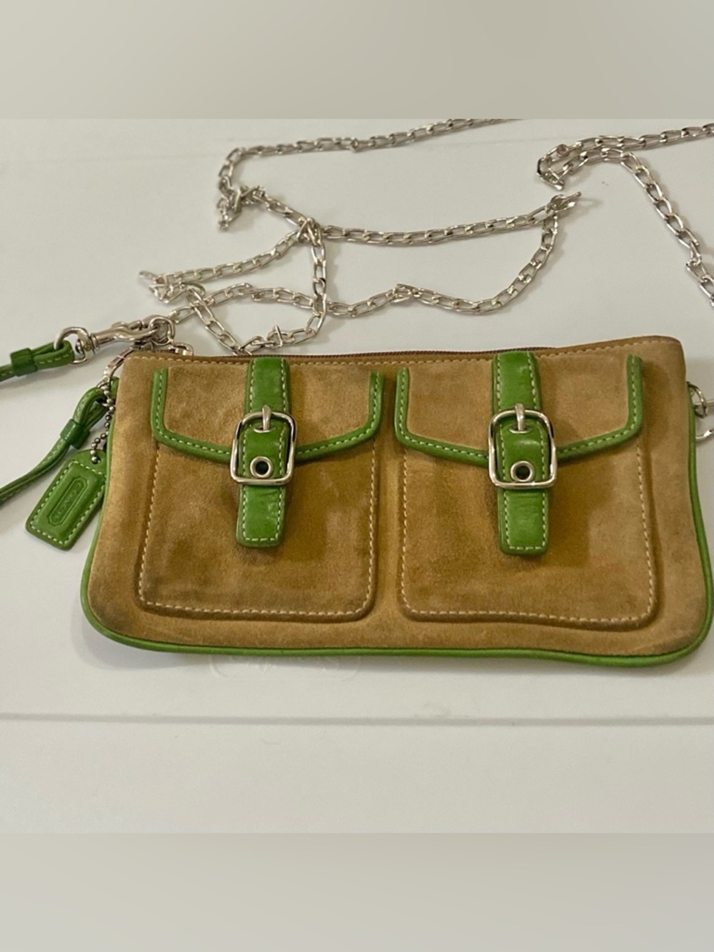 Coach Soho Tan Brown-Green Suede Leather Wristlet-Crossbody 8in x 4.5in